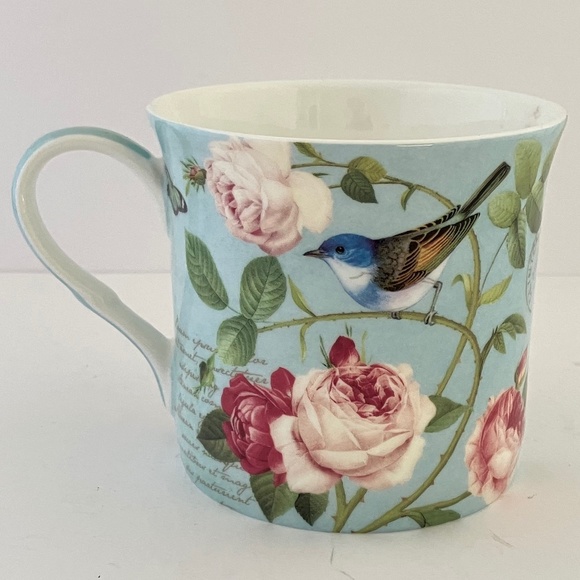Blue Bird perched on Floral Roses Coffee/Tea Mug, Fine Bone Tea Cup - Picture 7 of 12